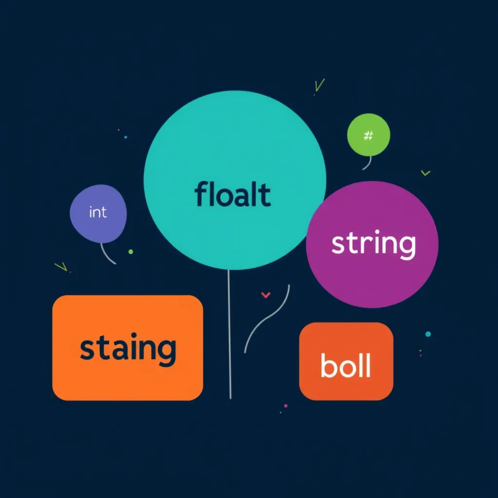 Eine visuell ansprechende Darstellung von C# Datentypen wie int, float, string und bool.