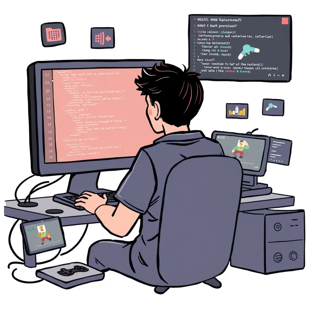 Eine kreative Illustration, die eine Person zeigt, die ein Videospiel programmiert.